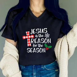 Y2K T-Shirt Women Christmas Jesus V-Neck Streetwear 