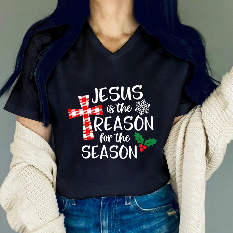 Y2K T-Shirt Women Christmas Jesus V-Neck Streetwear 