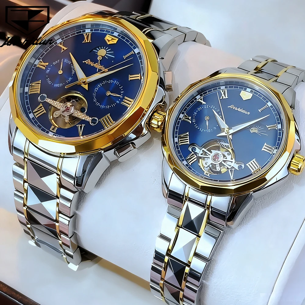 JSDUN Couple Watches Top Brand Luxury Fashion Tungsten Steel Strap Original Automatic Mechanical Wristwatch Moon Phase Date 8937