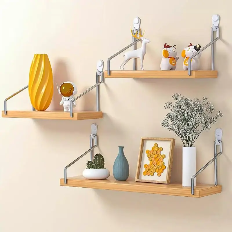 Wooden Wall Mounted Shelf No Punch Nail Free Hanging Storage Organizer Easy Install Rack for Bathroom Towel Storage