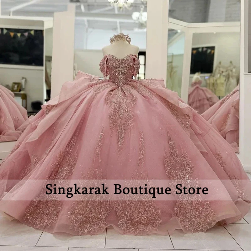 Pink Quinceanera Dresses Ball Gown Off The Shoulder Appliques Beaded Sweet 16 Dresses 15 Años Mexican Customized image 5