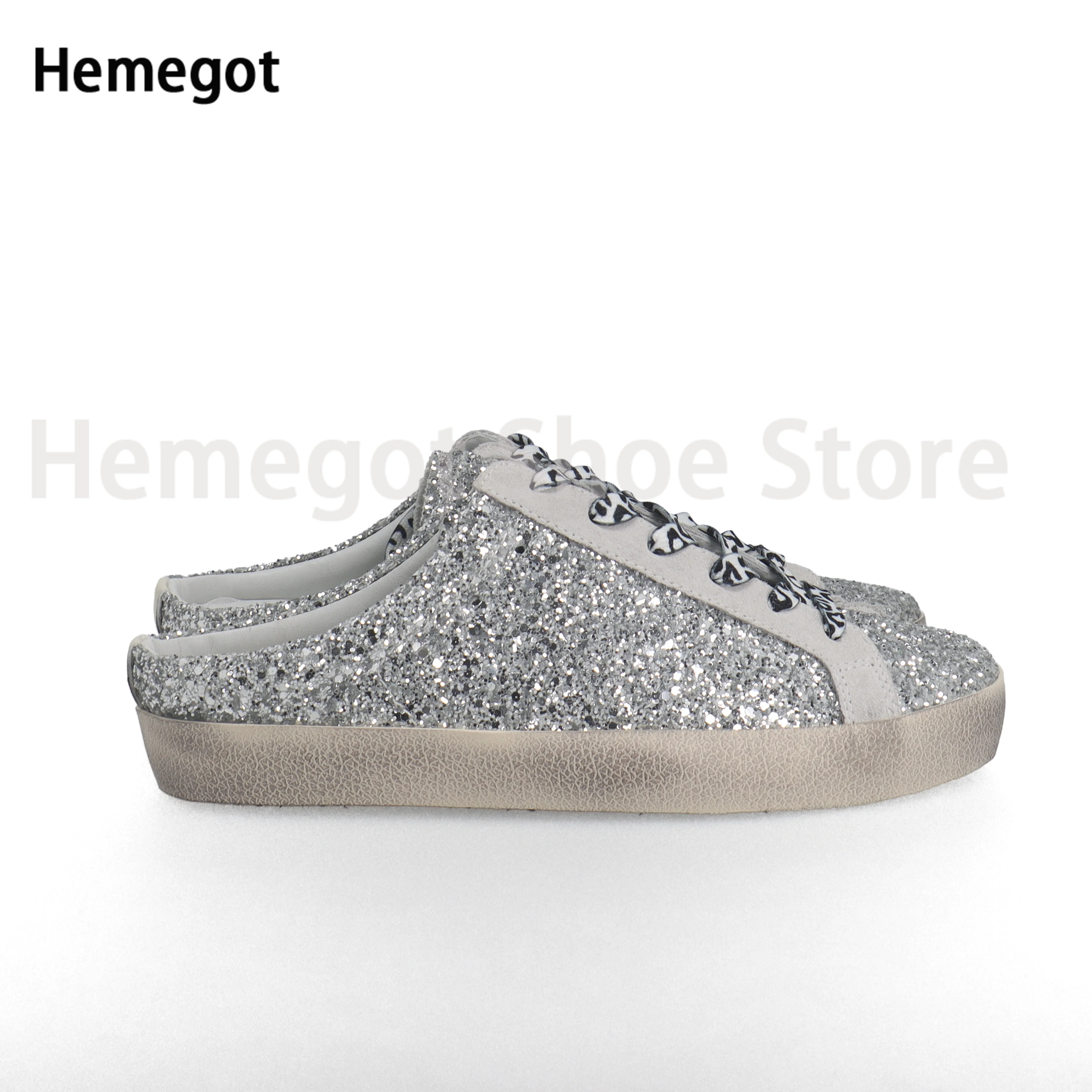 Blingbling Sequins Leisure Sneaker Round Toe Flat Half Slippers Super Fashion Lace-Up Men Shoes Breathable Casual Loafers