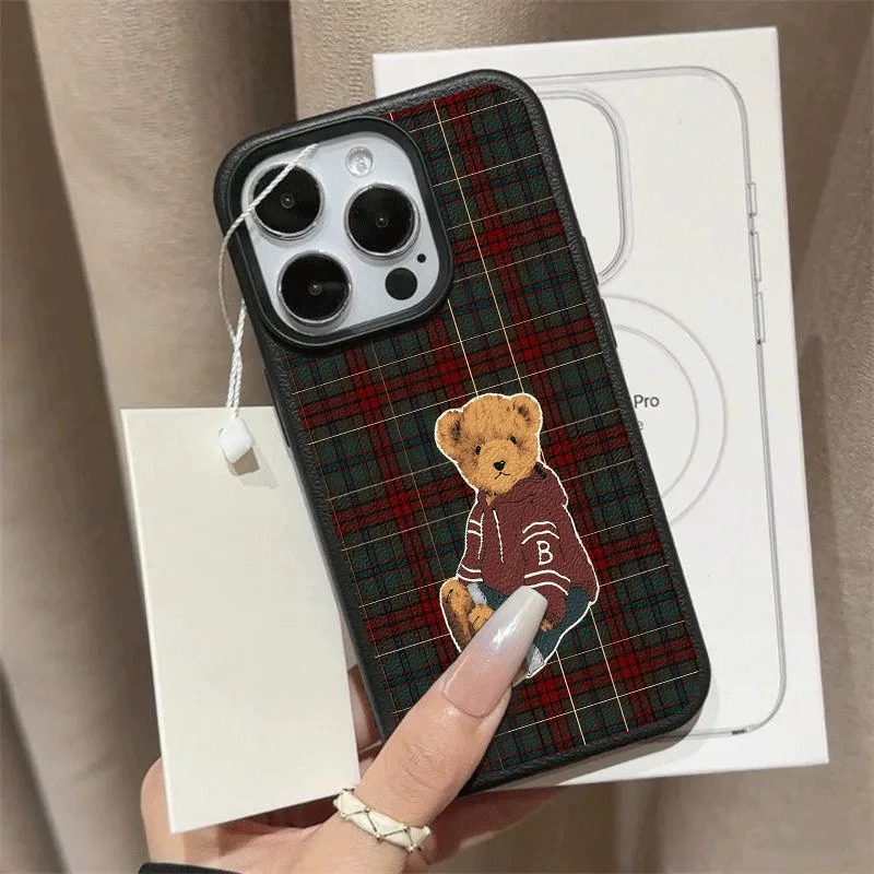 Grid Retro Teddy Bear Pattern Lychee Texture Phone Case For iPhone 17 16 15 14 13 X XS XR 12 11 Pro Max Plus 17 Air  Soft Cover view 4