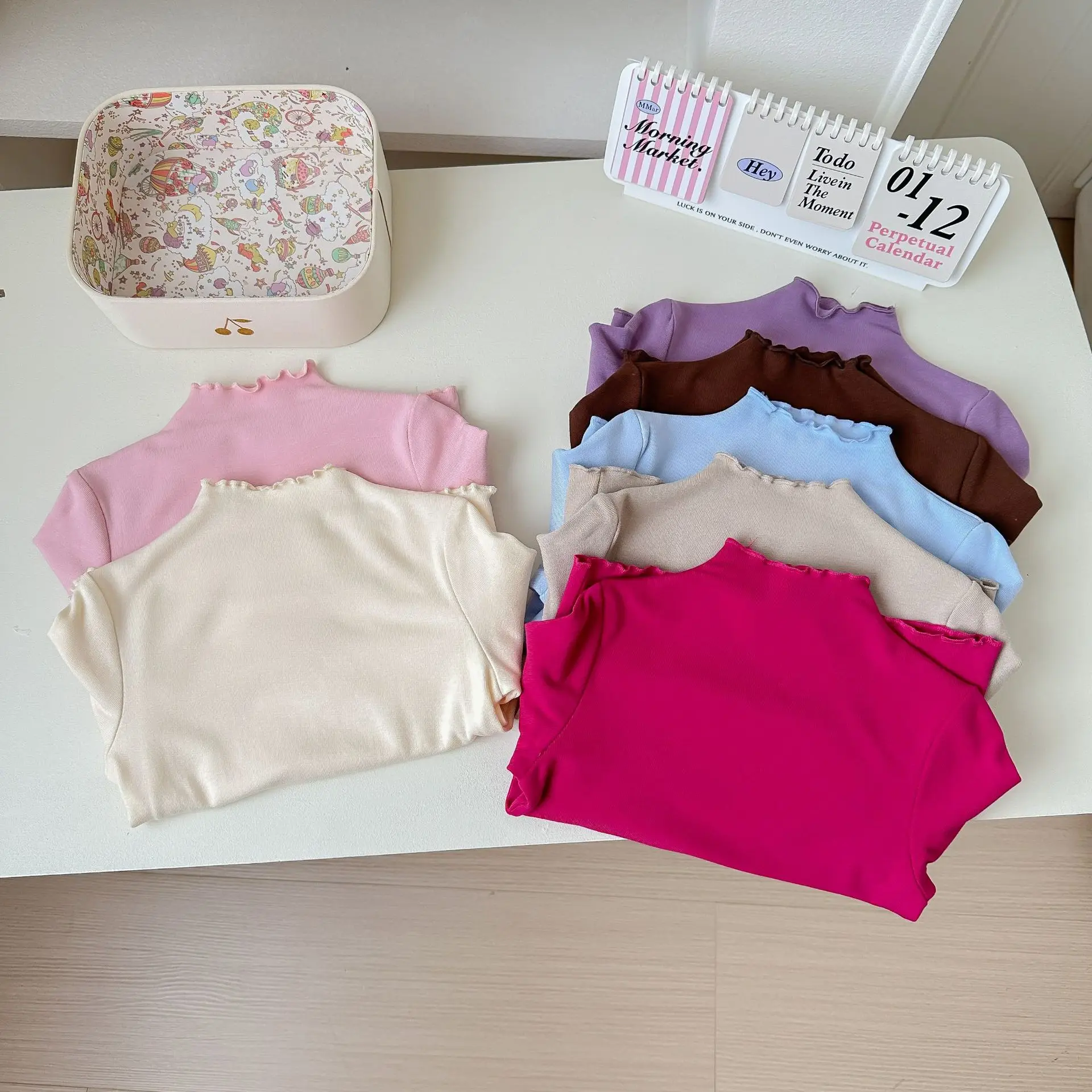 Spring Autumn Children Girl Tops Cotton Long Sleeve Ruffle Collar Baby Girl Tops Loose Solid Turtleneck Toddler Girl Undershirts