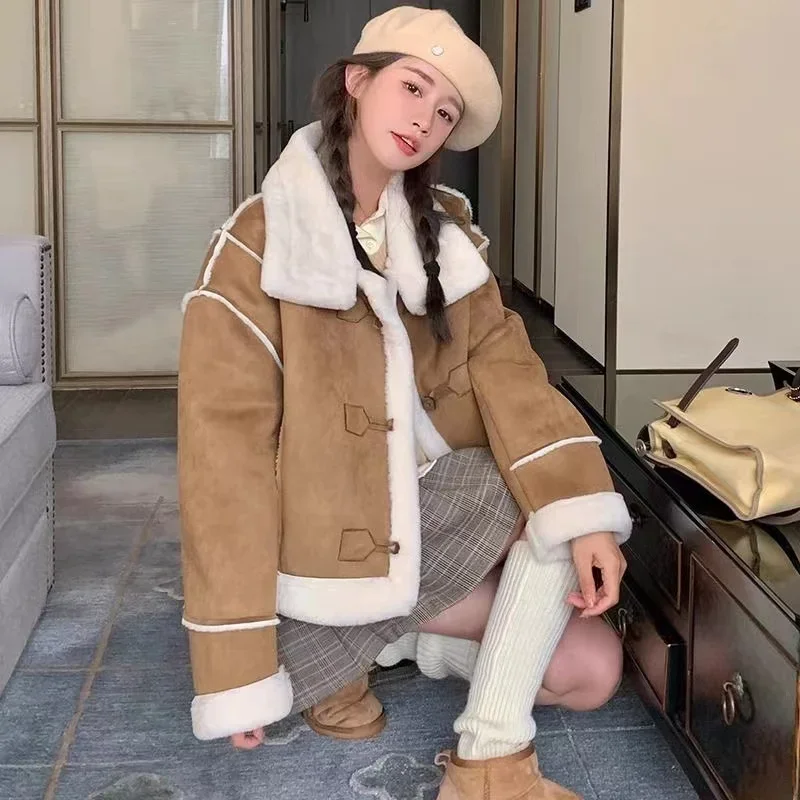 2024 autunno inverno nuove donne cappotti di lana di agnello Design di nicchia colletto rovesciato manica lunga monopetto caldo cappotto addensato