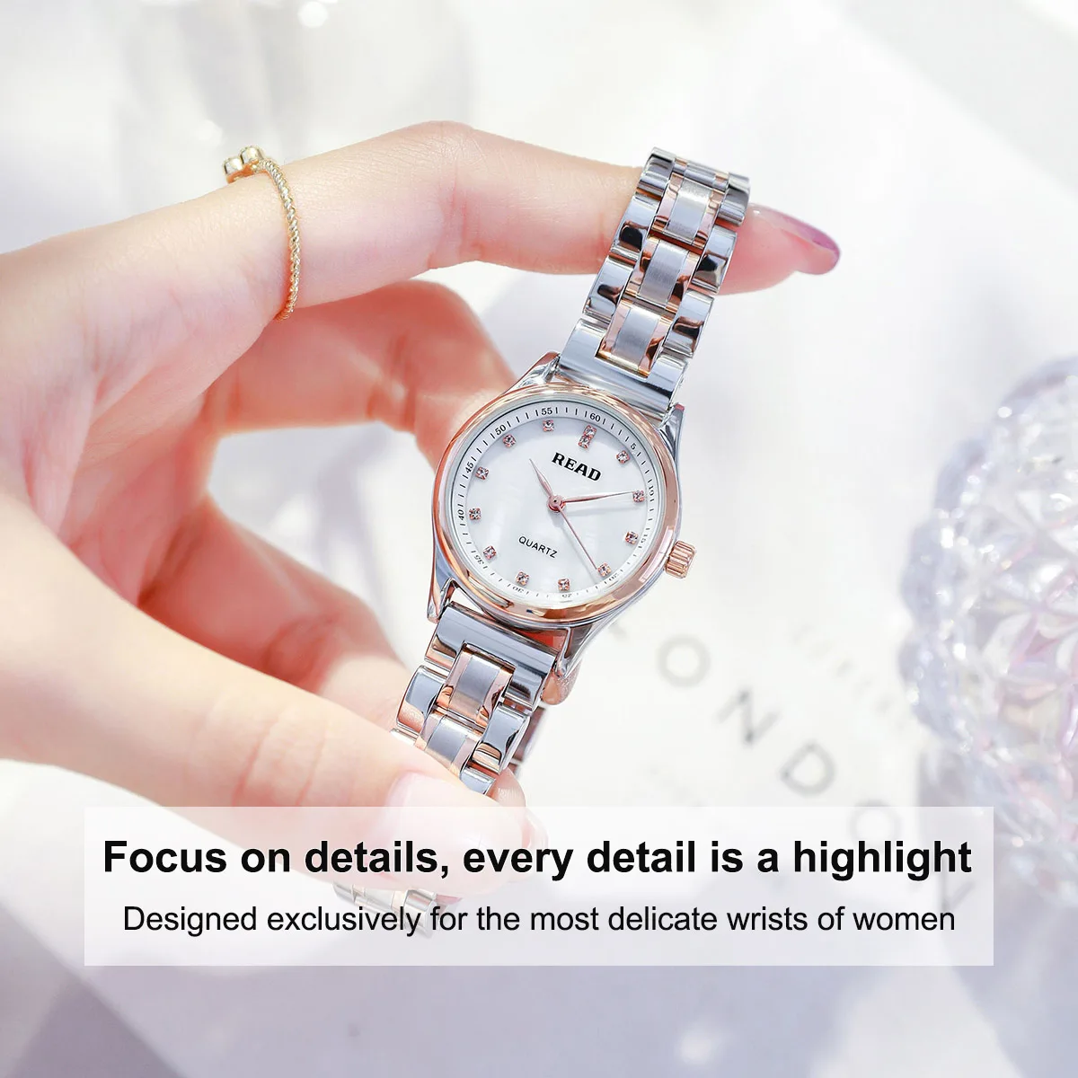 READ Women Quartz Watch | Shell Dial Crystal Index | Two‑Tone Steel Bracelet | 30M Water Resistant Butterfly Clasp Watch