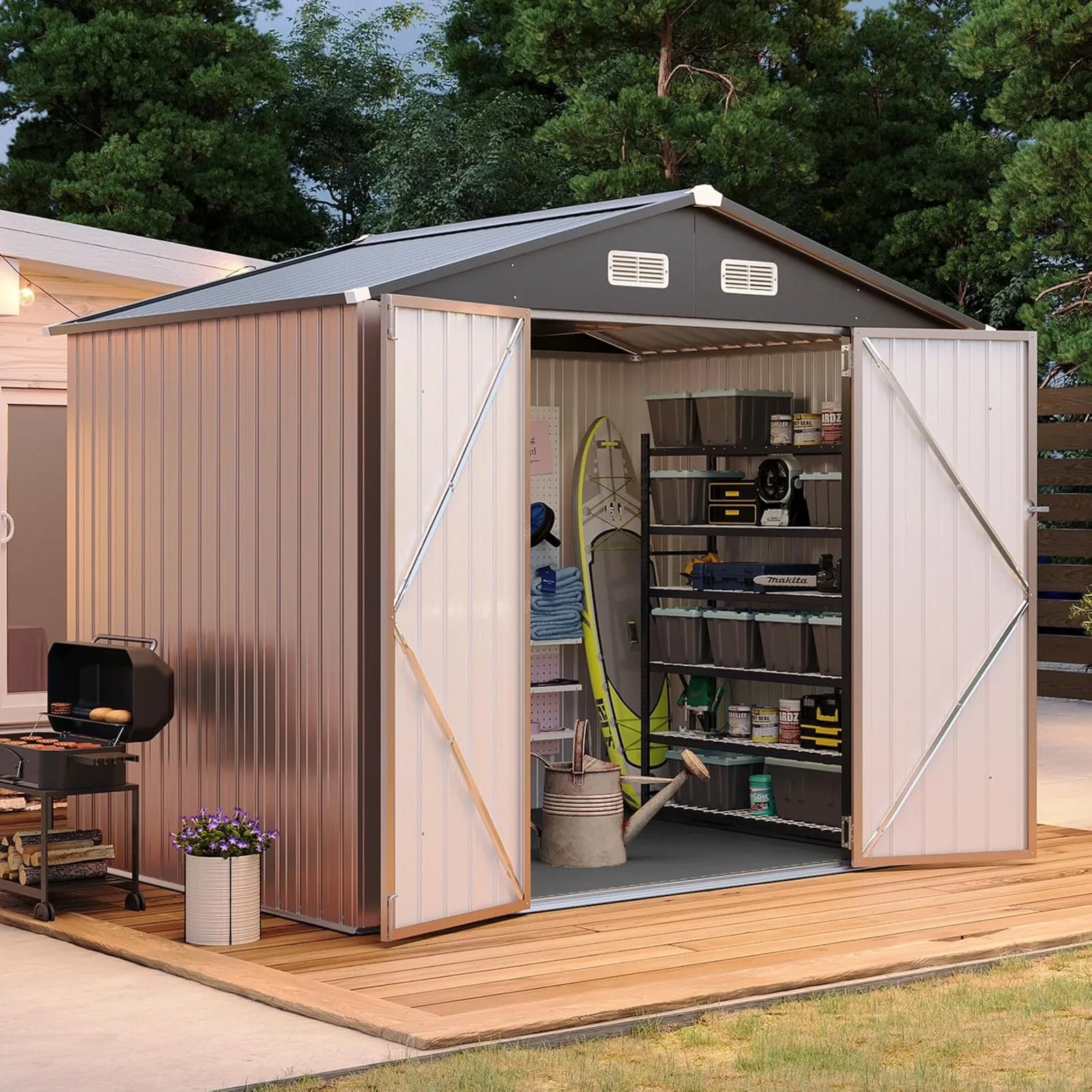 Shed with Floor Galvanized Steel Outdoor Storage Shed Brown | Metal Garden Shed with Double Doors, Moisture-Proof Floor & Ventilation, Sloped Roof for Garden, Patio, Backyard