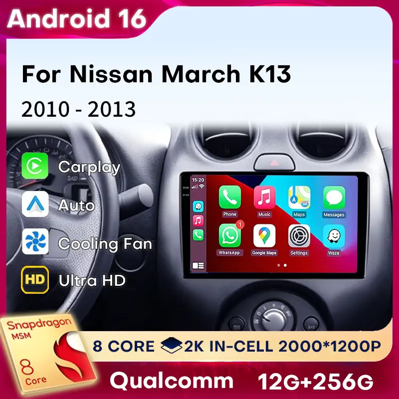 Radio para Auto con Android 16 y Carplay para Nissan March K13 2010-2013, Unidad Principal con GPS, Bluetooth, Navegación, 2 DIN, 4G LTE, WIFI, Multimedia, Video