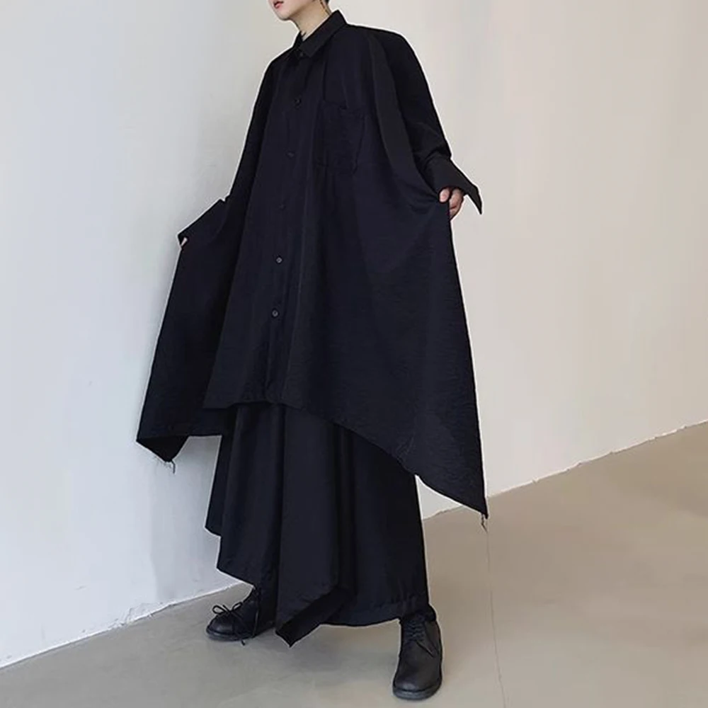 Mens Harajuku Irregular Shirt 2024 Spring New Fashion Goth Handsome Loose Oversized Lapel Fashion Long Sleeve Cloak Unisex