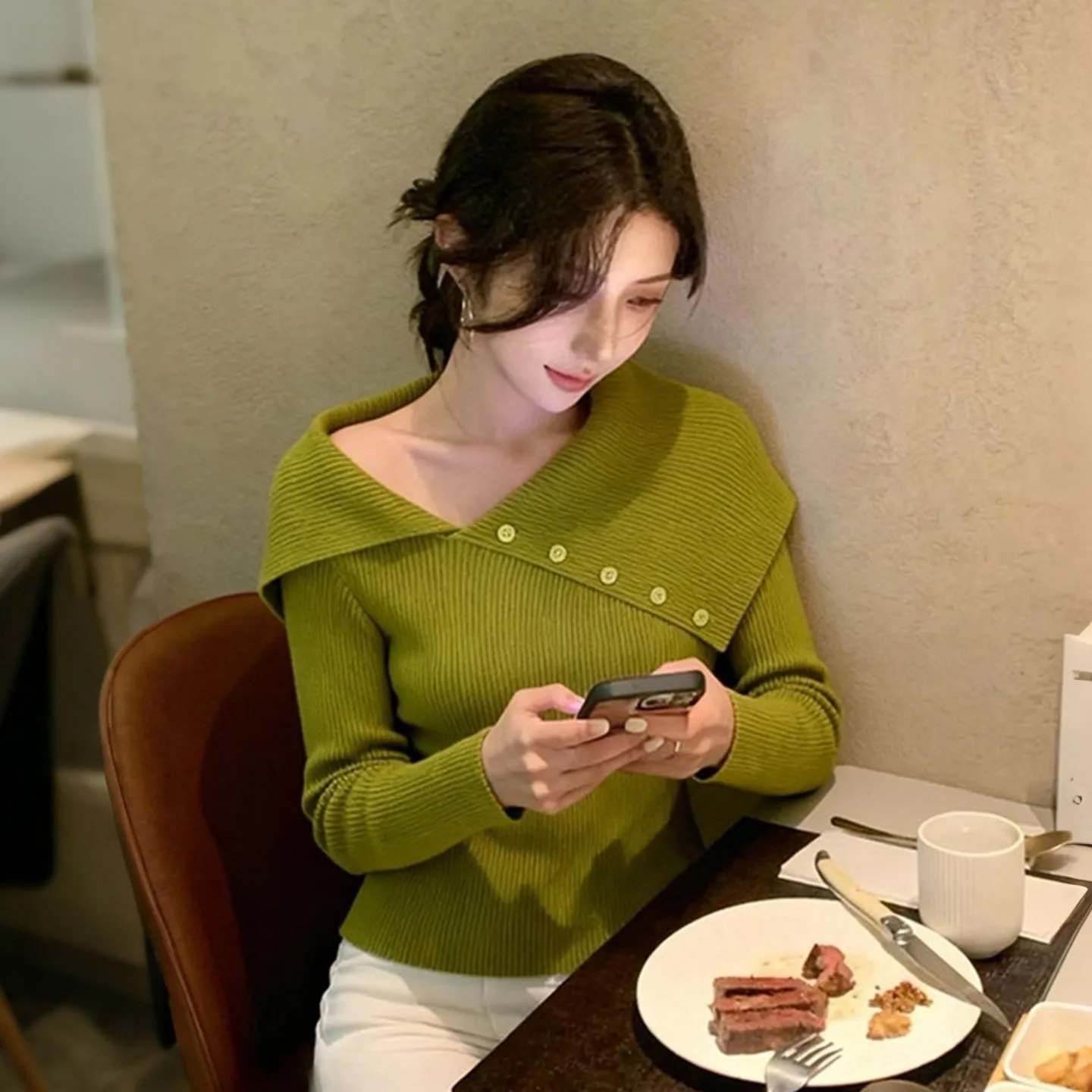 

Unique een Long Sve Knitted Sweater Women's Autumn Winter Faion Casual Turn-down Collar Irregular Design Bas...