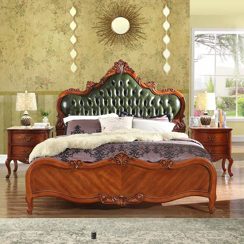 

180x200cm luxury American solid wood leatherbed European carved retro double wedding bed oakbed carved