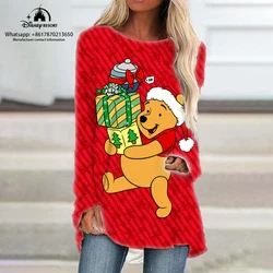 Winnie the Pooh and Mickey Anime Christmas Fall New Women's Round Neck Loose Long Sleeve T Shirt Disney Casual Raglan Dress Y2K