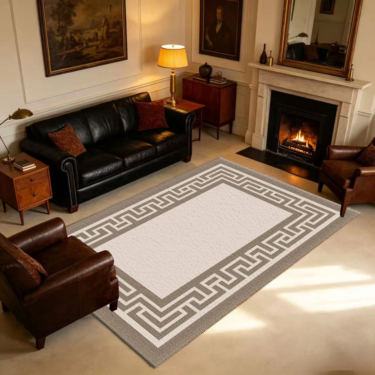 Greek Key Geometric Border Style Carpet Flooring Anti-Slip Floor Rug For Living Room Indoor Home Decoration