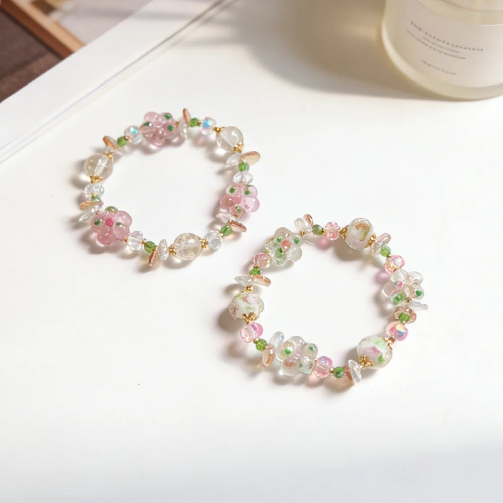 

White/Pink Flower & Glow-in-the-Dark Beads Beaded Bracelet Women Luminous&Faceted Crystal Glass Beads Sweet Bangle Hand Jewelry