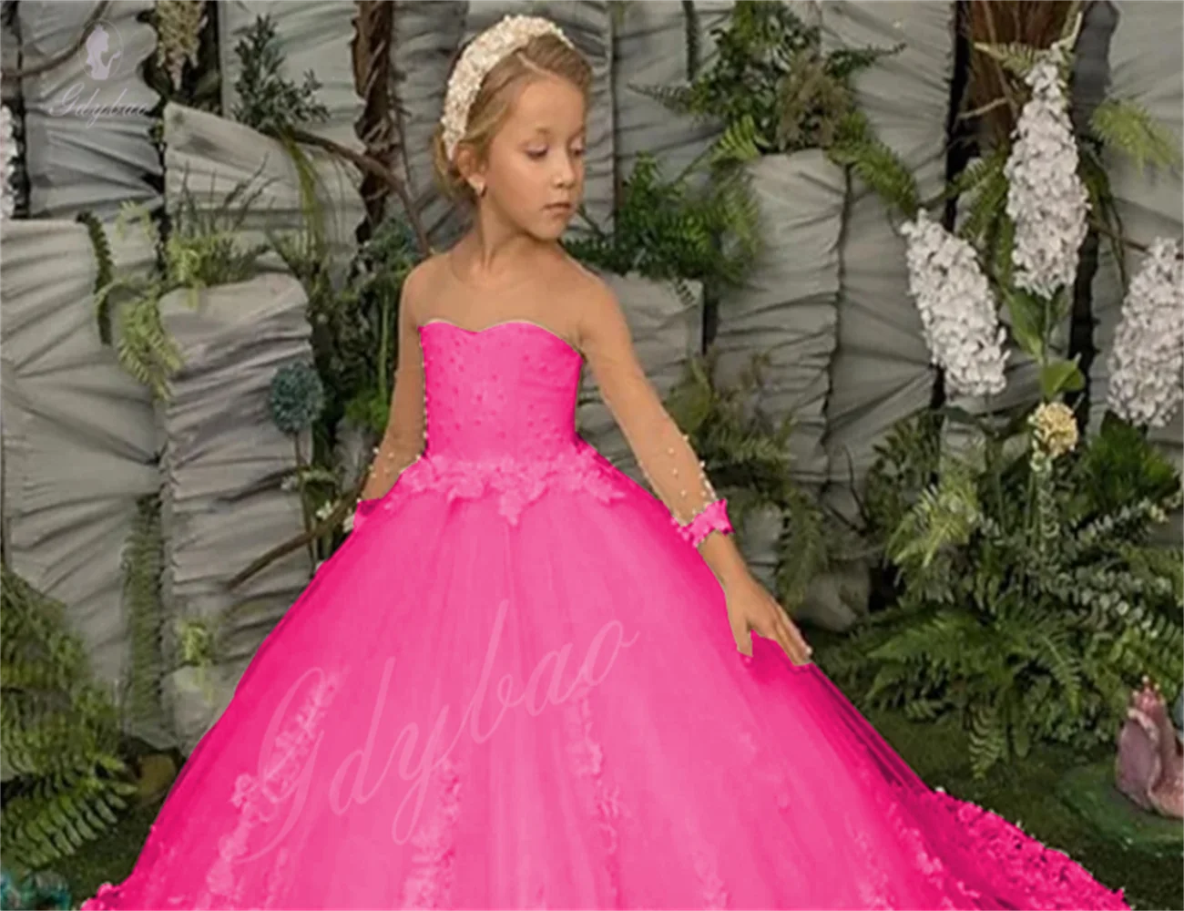 

Rose Safflower Girl Dress Fluffy Illusion Long Sleeve First Communion Worn For Princess Children's Birthday Customization
