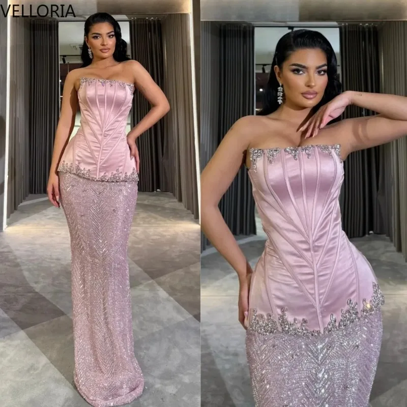 エレガントなストラップレスのスパンコール付きイブニングドレスセクシーなレースマーメイドウエディングドレスパーティードレス Vestdos De Fiesta カスタマイズ