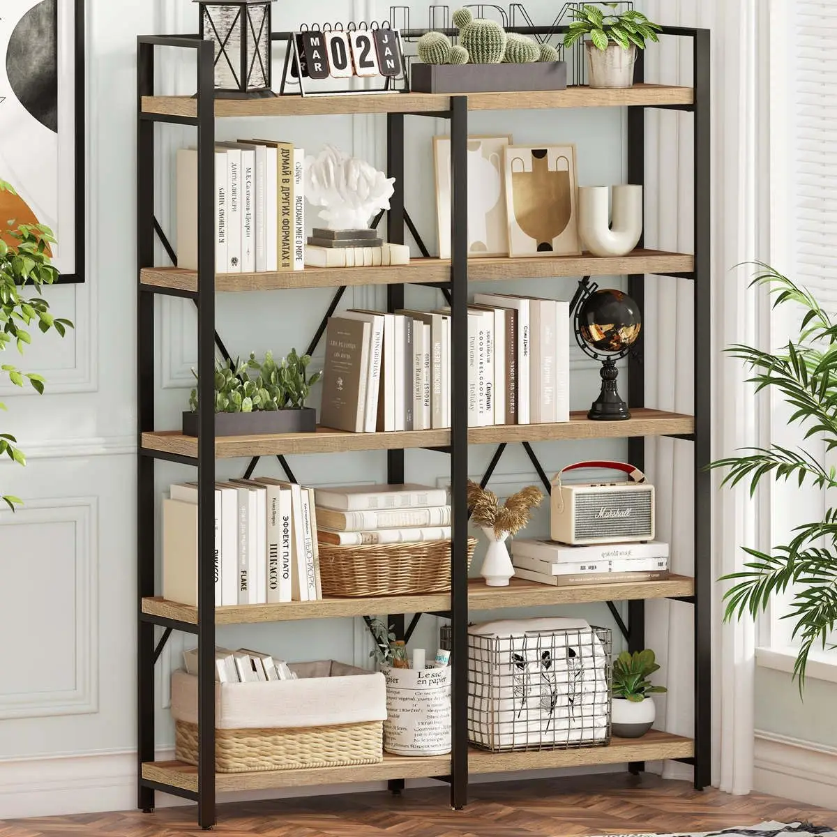 5 Tier Industrial 51 Inch Wide 69 Inch Tall Etagere Bookshelf Rustic Oak Wood Metal Large Open Shelving Unit Home Office Living