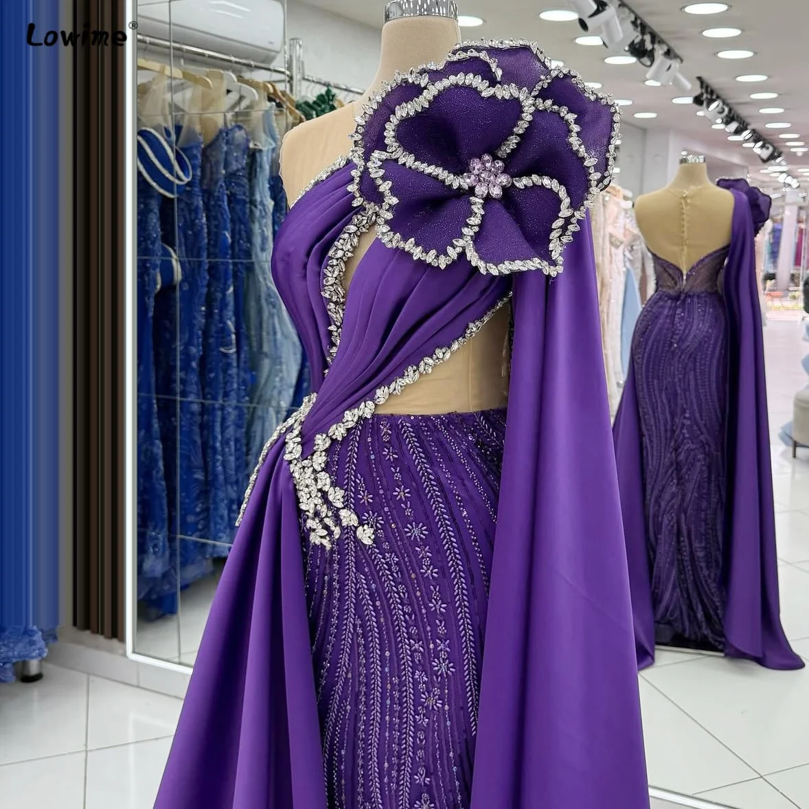 2025 الأرجواني الأزهار ثوب مسائي خارج على الكتف كريستال حورية البحر فستان قطار كوكتيل فستان حفلة موسيقية فستان للتخصيص #2