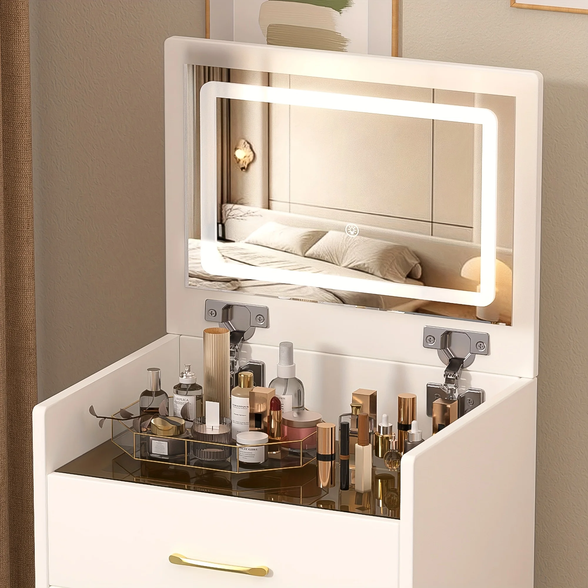 Open Top Mirror, Space-Saving Small Make Up Vanity Set, Visible Glass Desktop, 3 Drawers, Dressing Table for Bedroom