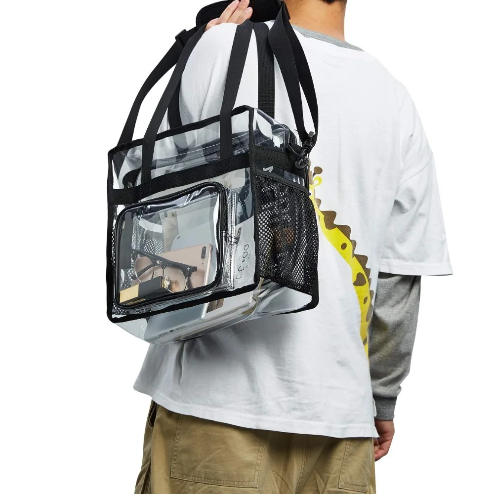 Bolsa Transparente Reforçada em PVC Aprovada para Estádios com Bolsos de Malha para Trabalho, Segurança, Concertos e Viagens