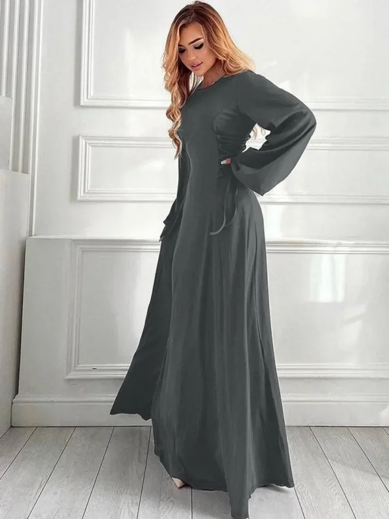 Elegant O-neck High Waist Lace-up Long Maxi Dresses for Women 2025 Chic Full Sleeve Tunics Bandage Black Dress Office Work Robe