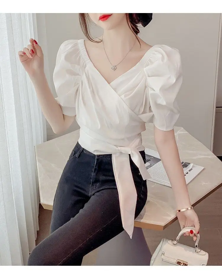 

Женская шифоновая блузка с цветочным принтом, лето 2029, повседневная блузка с коротким рукавом и запахом на шее, галстук-бабочка, свободный крой, топ, блузки