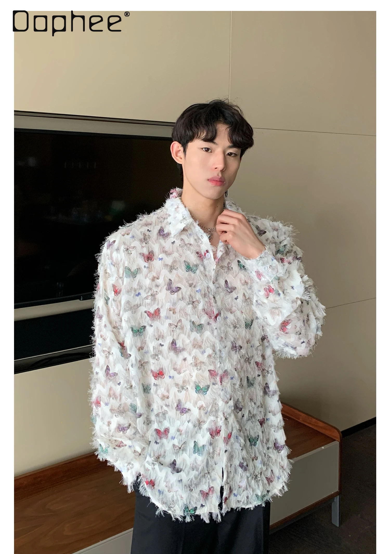 

2025 Spring and Autumn New Men's Butterfly Print Frayed Edge Tassel Design White Blue Turn-down Collar Long Sleeve Shirt