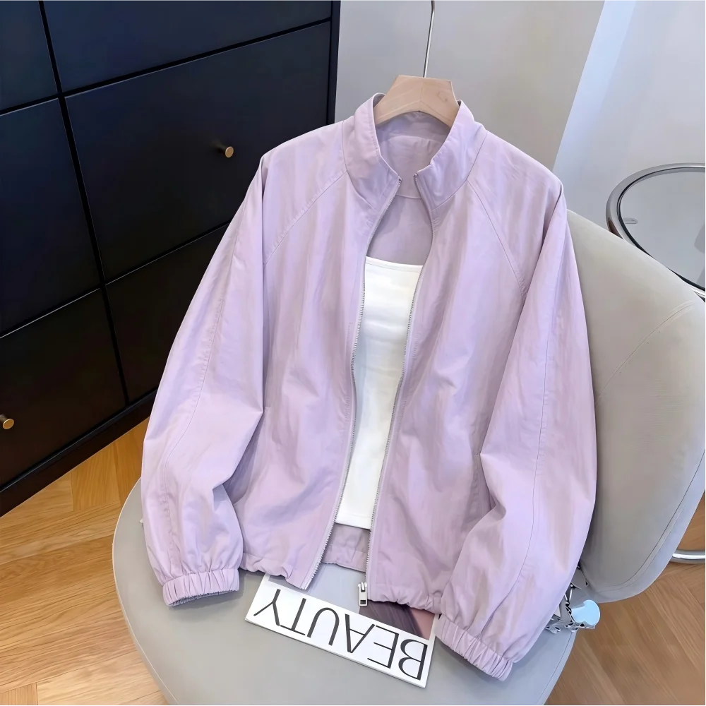 

Women's Summer 2026 New Lazy Style Casual Fashion Thin Stand Collar Sun Protection Coat Long Sleeve Zipper Closure Polyester