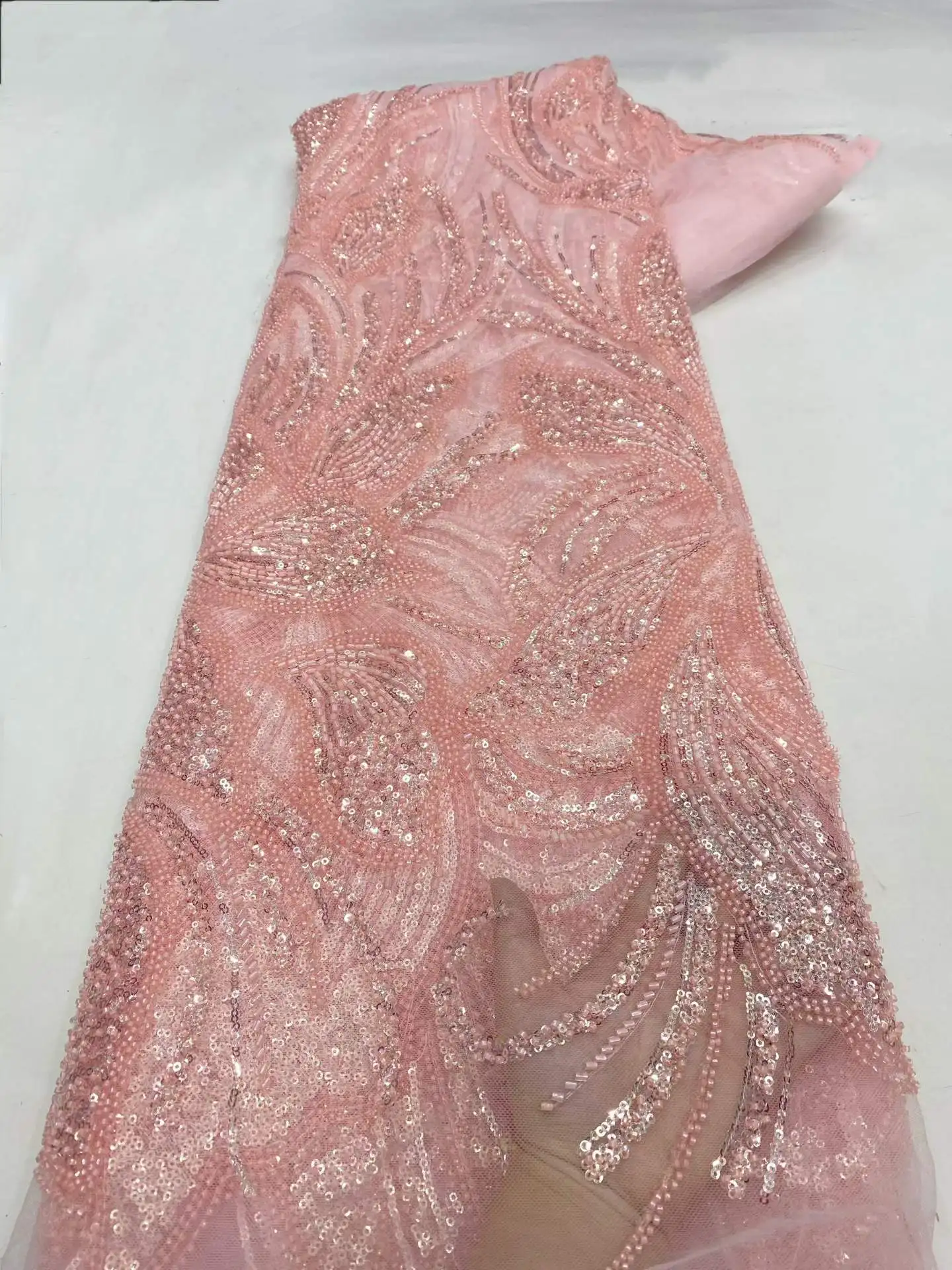 

Luxury African Beaded Sequins Lace Fabric Hot Sale Nigeria French Groom Embroidery Mesh Heavy Lace For Women Wedding Dress Party