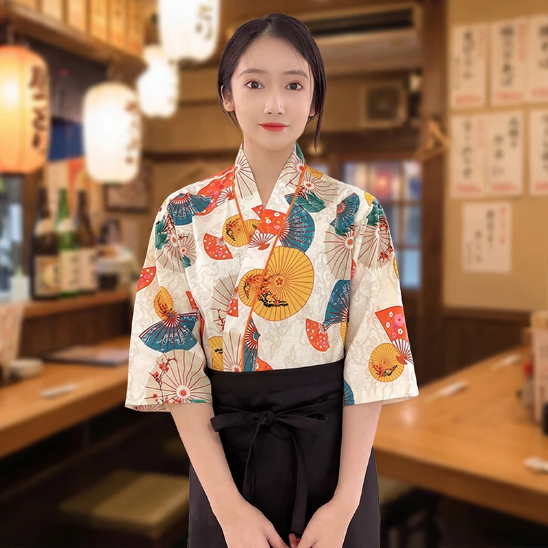 

Japanese Style Chef Coat Restaurant Cuisine Cook Jackets Chef Uniform With Apron Waitress Kimono Sushi Shop Waiter Work Shirts