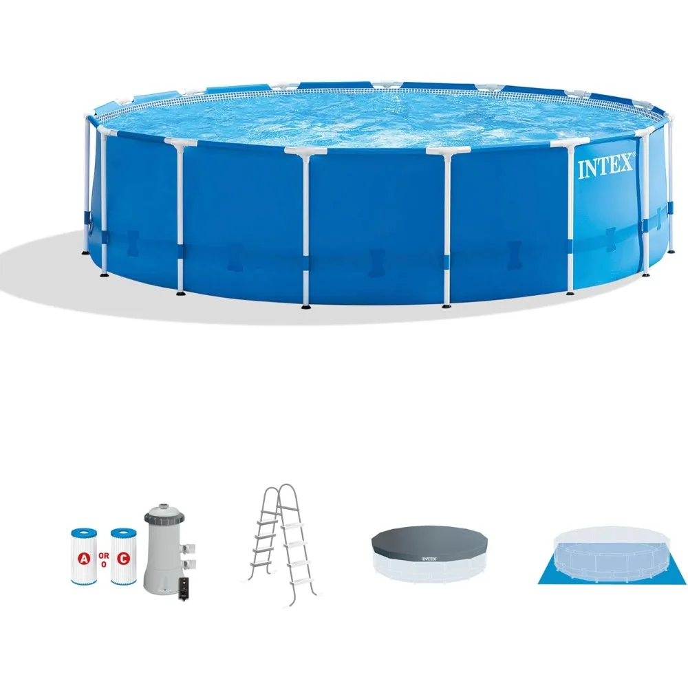 ame Outdoor Above Ground Swimming Pool Set with Filter Pump, Ladder, Ground Cloth, and Pool Cover