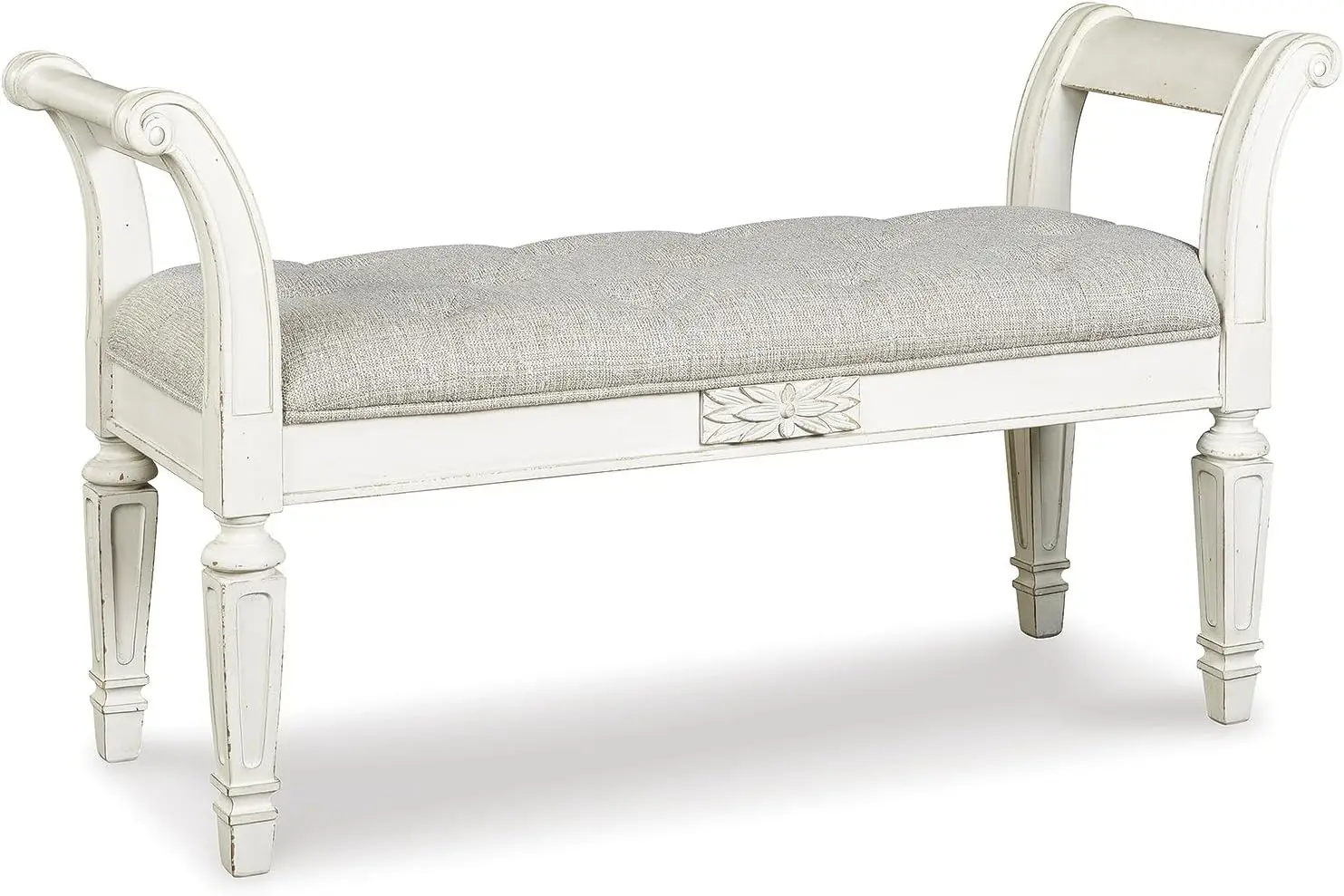 French Country Upholstered Tufted Accent Bench with Foam Cushion, Scrolled Arms, Wood Frame, Antique White