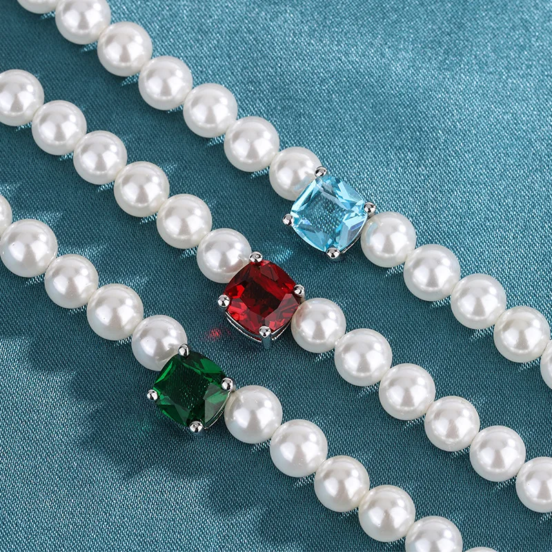 

European and American Fashion Retro Australian Pearl Metal Colorful Gemstone Mixed Necklace Women's Necklace High-end Feel