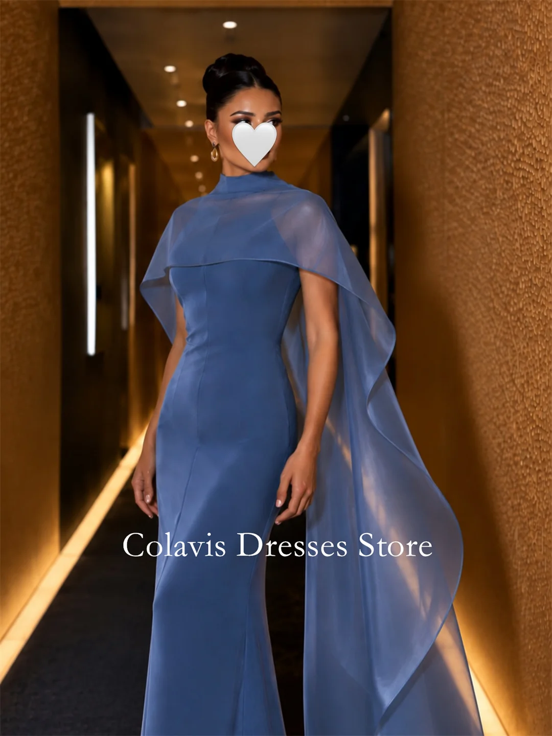 High Neck Blue Vintage Evening Dress with Cape Mermaid Organza Floor‑Length Formal Gown Wedding Guest Prom Party Dress