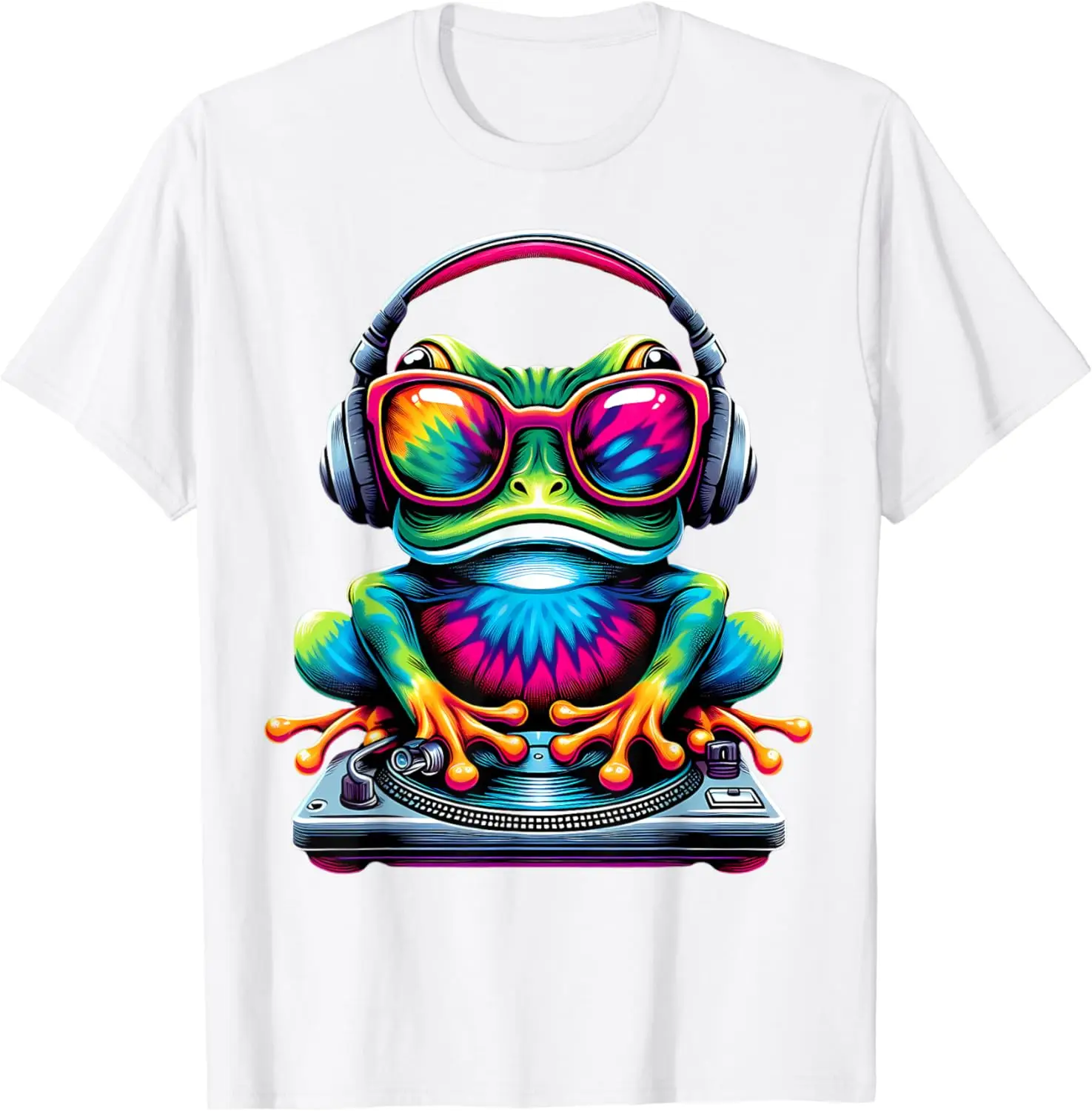 Tie-Dye Cool DJ Frog Peace Sign Hippie Frog with Headphones T-Shirt Graphic T Shirts Lightweight Short Sleeve Unisex