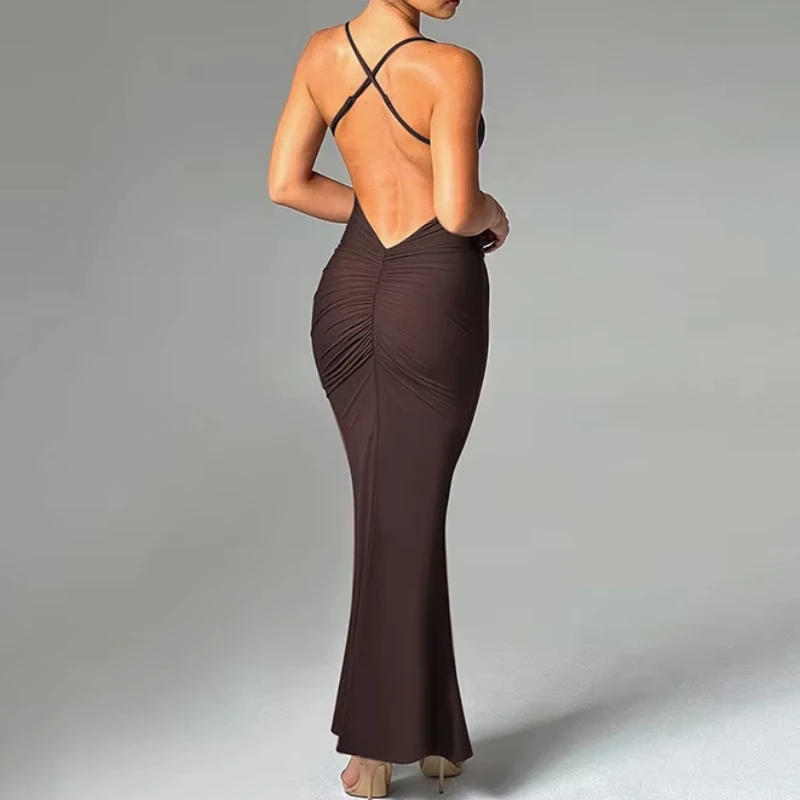 

Elegant women's hollow out backless V-neck slim shoulder strap tight fitting dress, fashionable summer party long dress