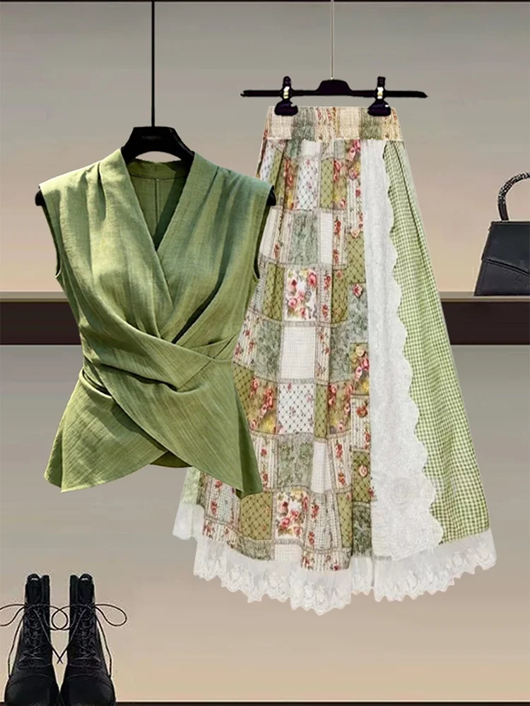 

Summer Green V-Neck Sleeveless Pleated Top And Plaid Skirt Two-Piece Set Women's Gentle Forest System Countryside Style