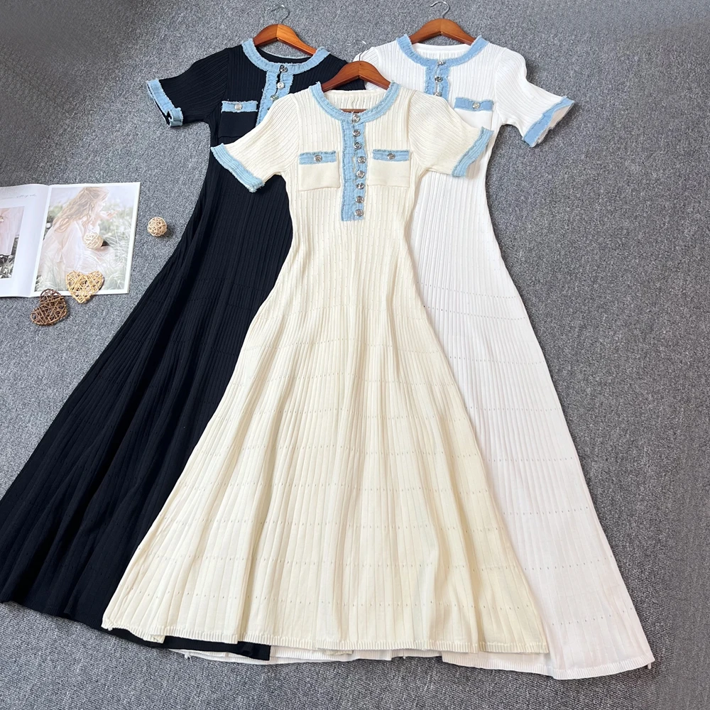 Yuoomuoo marca moda feminina vestido 2025 primavera verão vintage denim retalhos o pescoço de malha maxi vestido senhora do escritório vestidos