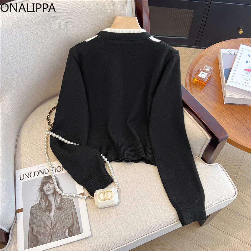 Onalippa Contrast Patchwork Sweater Women Stand Collar Kawaii Knitted Pullover French Celebrity Style Lace Up Bow Loose Sweaters