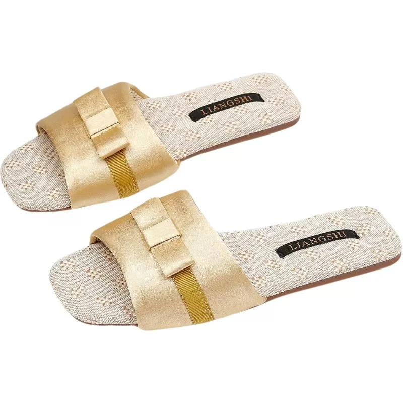 

Women Spring Summer New One Word Linen Slippers Soft Sole Non Slip Breathable High Quality Flat sole Silk Home Slippers