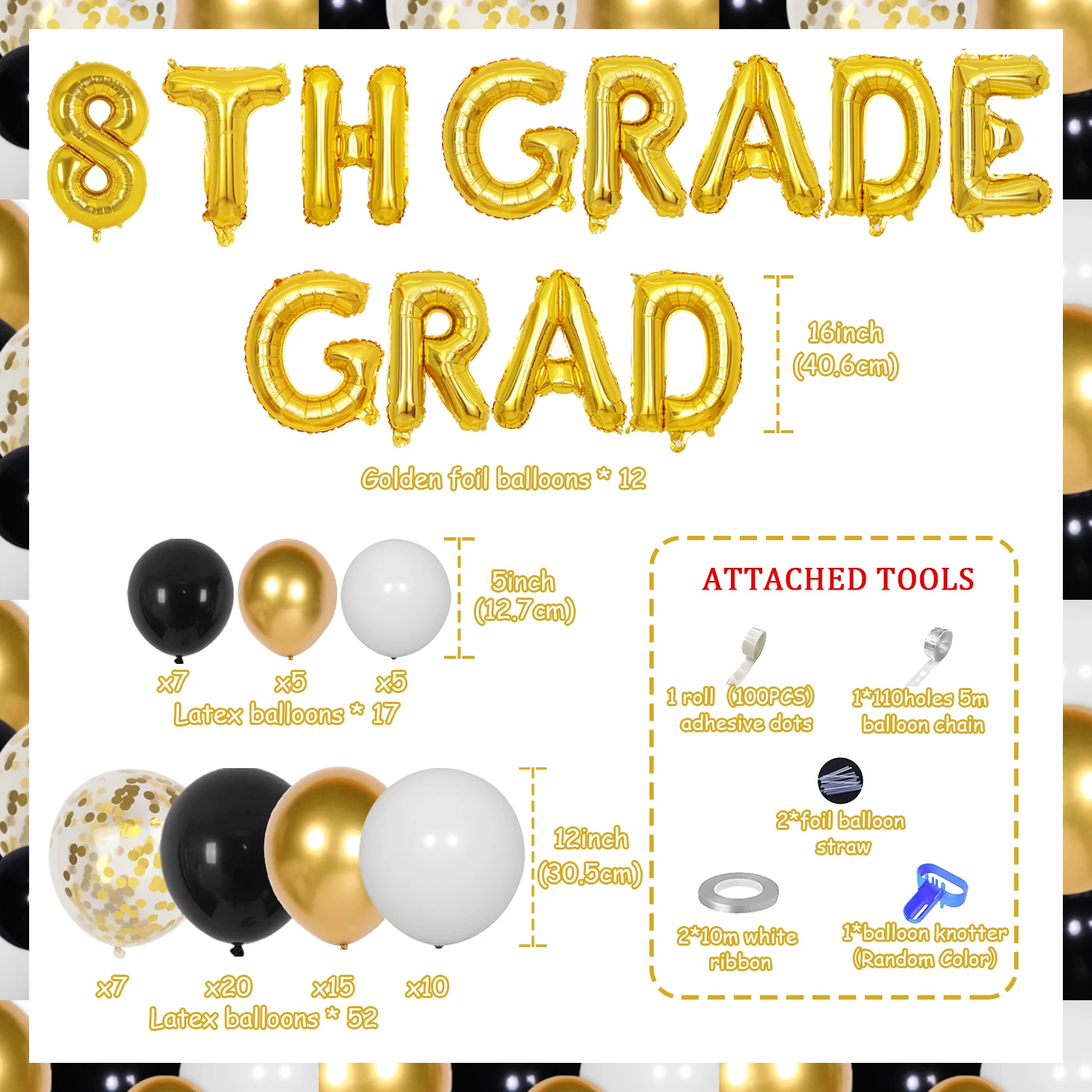 89Pcs Black Gold Graduation Decoration, 8th Grade Graduation Balloon Arch Garland Kit with Golden Confetti Balloon