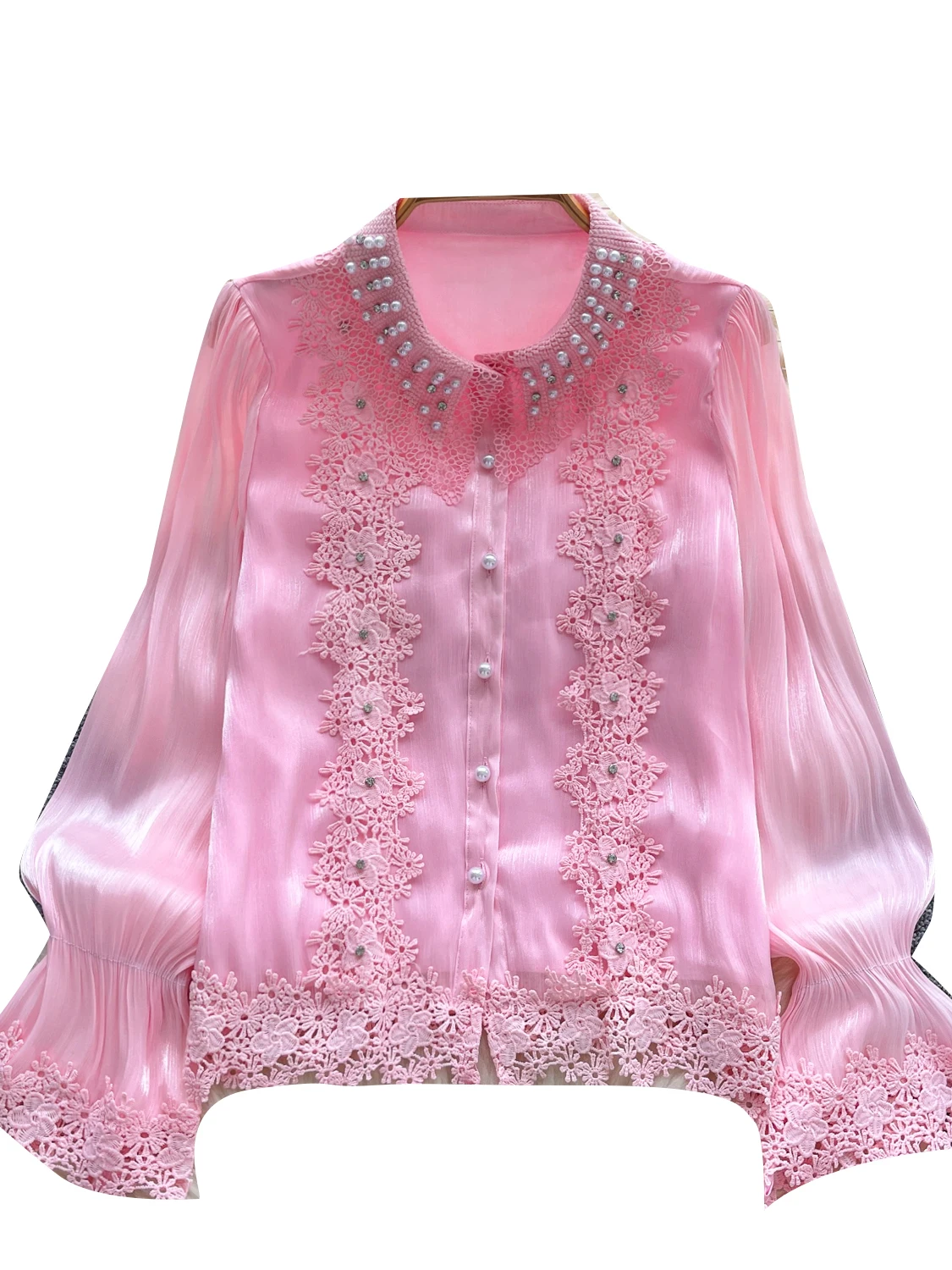

Embellied Lace Patchwork Bell Sve irt Women's Faionable Versatile iny Me Top Heavy Embroidery Commute ...