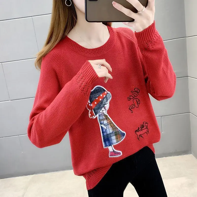 Cartoon Knitted Autumn Pullover Sweater Long Sleeve O-neck Casual Pull Jumpers Cute Female Korea Tops