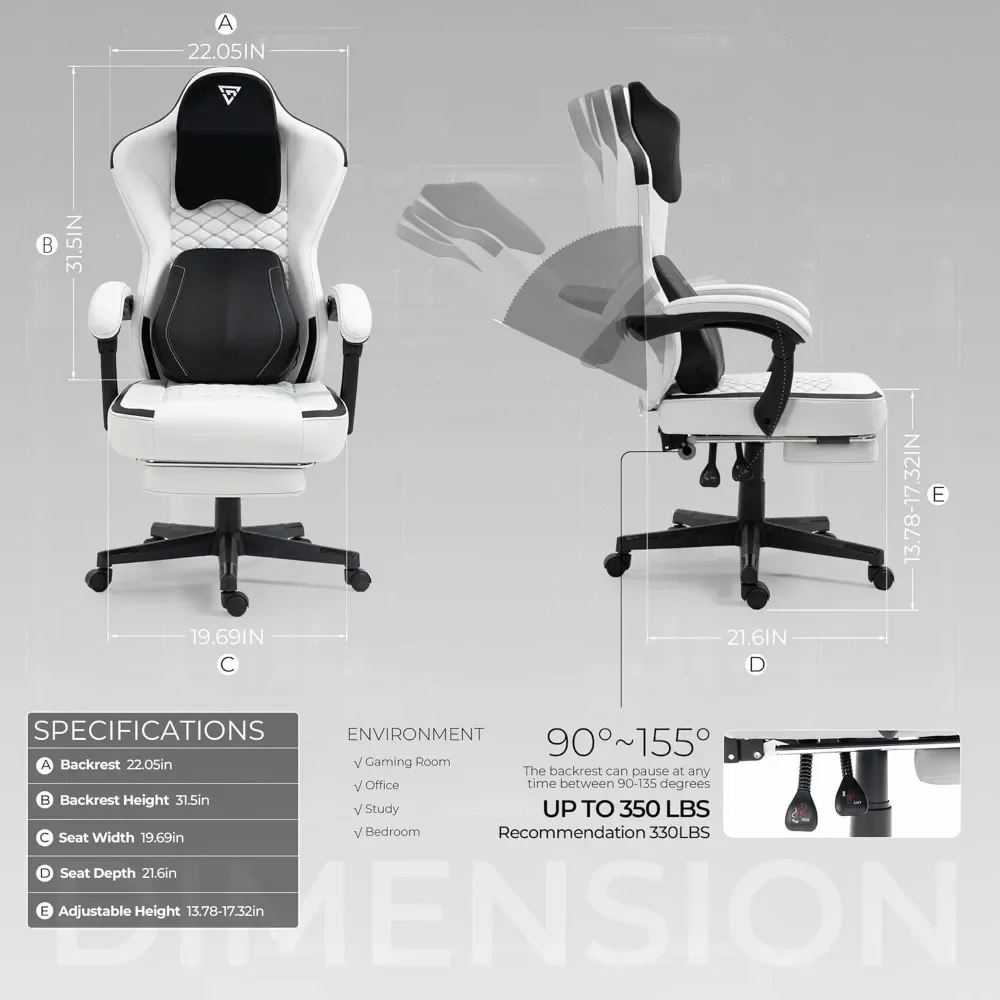 Gaming Chair, Heated Massage Lumbar Support, Ergonomic Gaming Chairs for Heavy People Adult, Computer Chair with Footrest, Chair