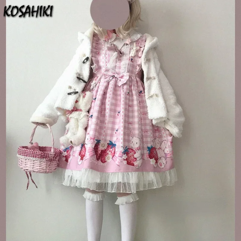 KOSAHIKI Japanese Lolita Dress Girls Strawberry Bunny Jsk Dresses Women Harajuku Sleeveless Cute  2024 Cosplay Vestido