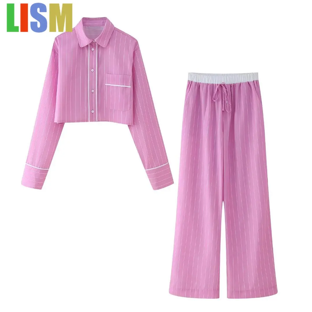 

LISM winter woman outfit Striped Suit Binding Turn Down Collar Streetwear Shirt+Drawstring Long Pants Fashion Women Suit
