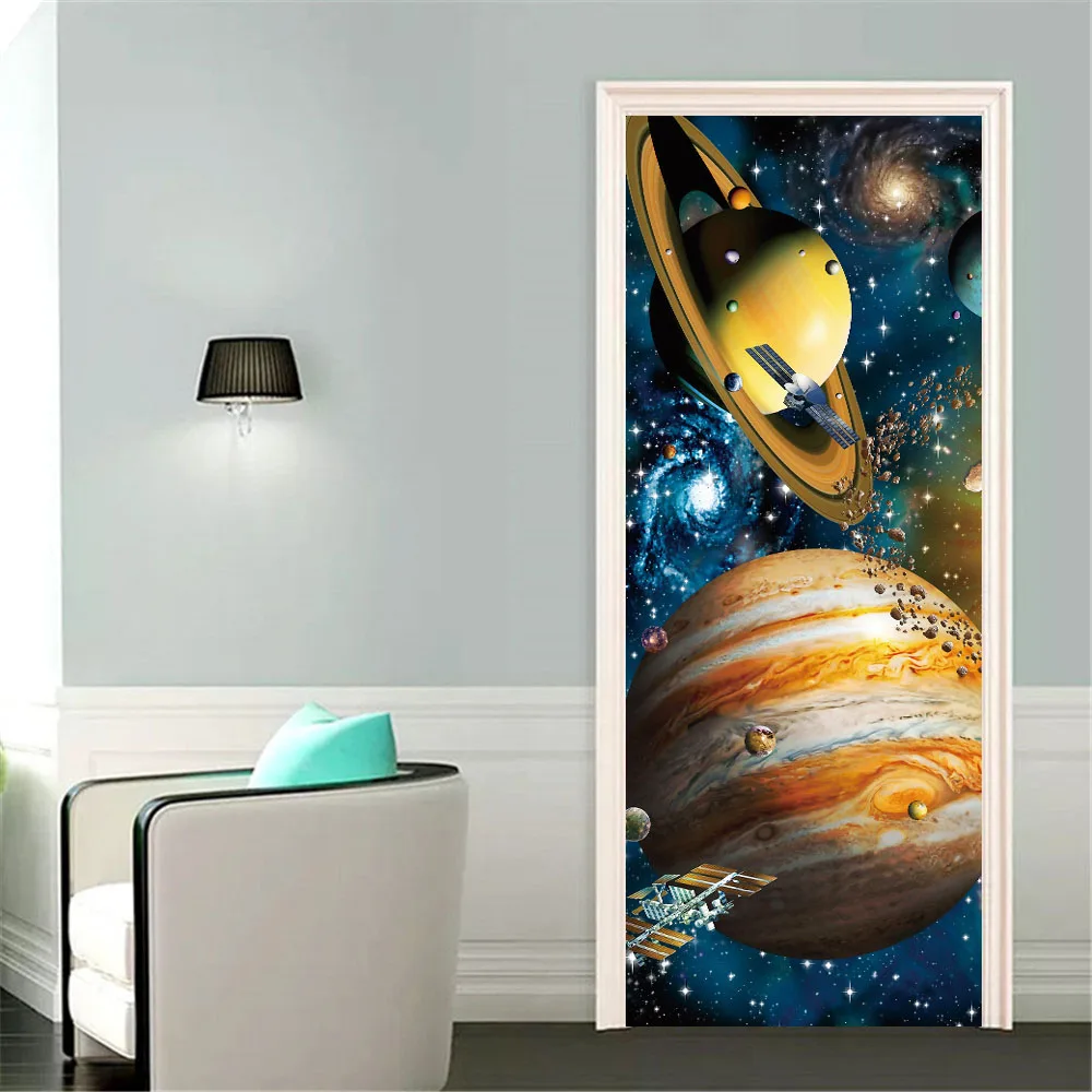 Universe Planets Door Stickers Wallpaper Cosmic Galaxy Starry Sky Doors Murals Shining Solar System Decals Poster for Home Decor