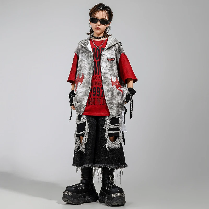 Jungen Hip Hop Kostüm Mädchen Jazz Dance Mode Kleidung Kapuzenweste Schwarz Zerrissene Shorts Street Dance Trommel Bühnenkleidung