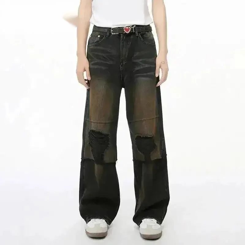 

American Style Men's Denim Pants Vintage Hole Contrast Color Worn-out Straight Wide Leg Loose Male Jeans Autumn 9C7YQM