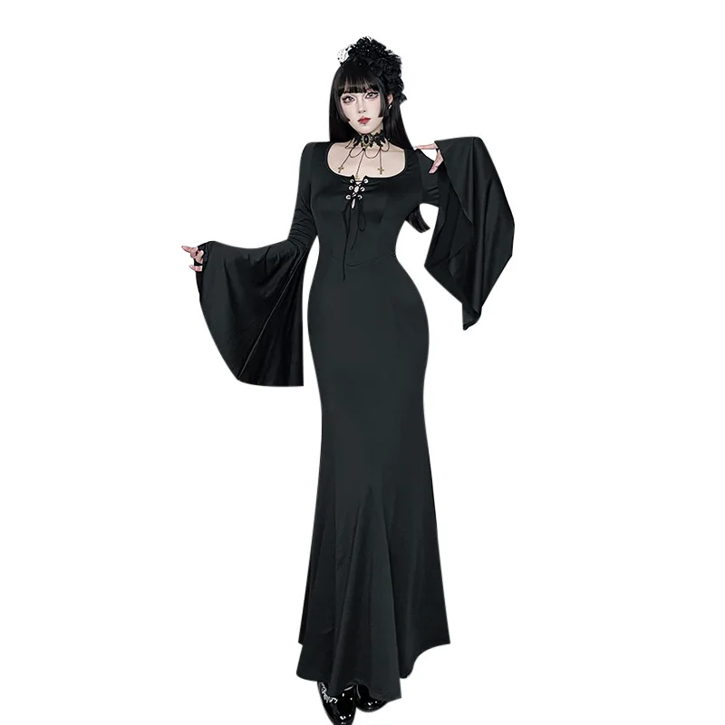 2025年ニューレトロハイウエストフレアスリーブレースカットアウトゴシックドレスY2Kハロウィンストリートパーティー美的クラブウェアマキシロングドレス